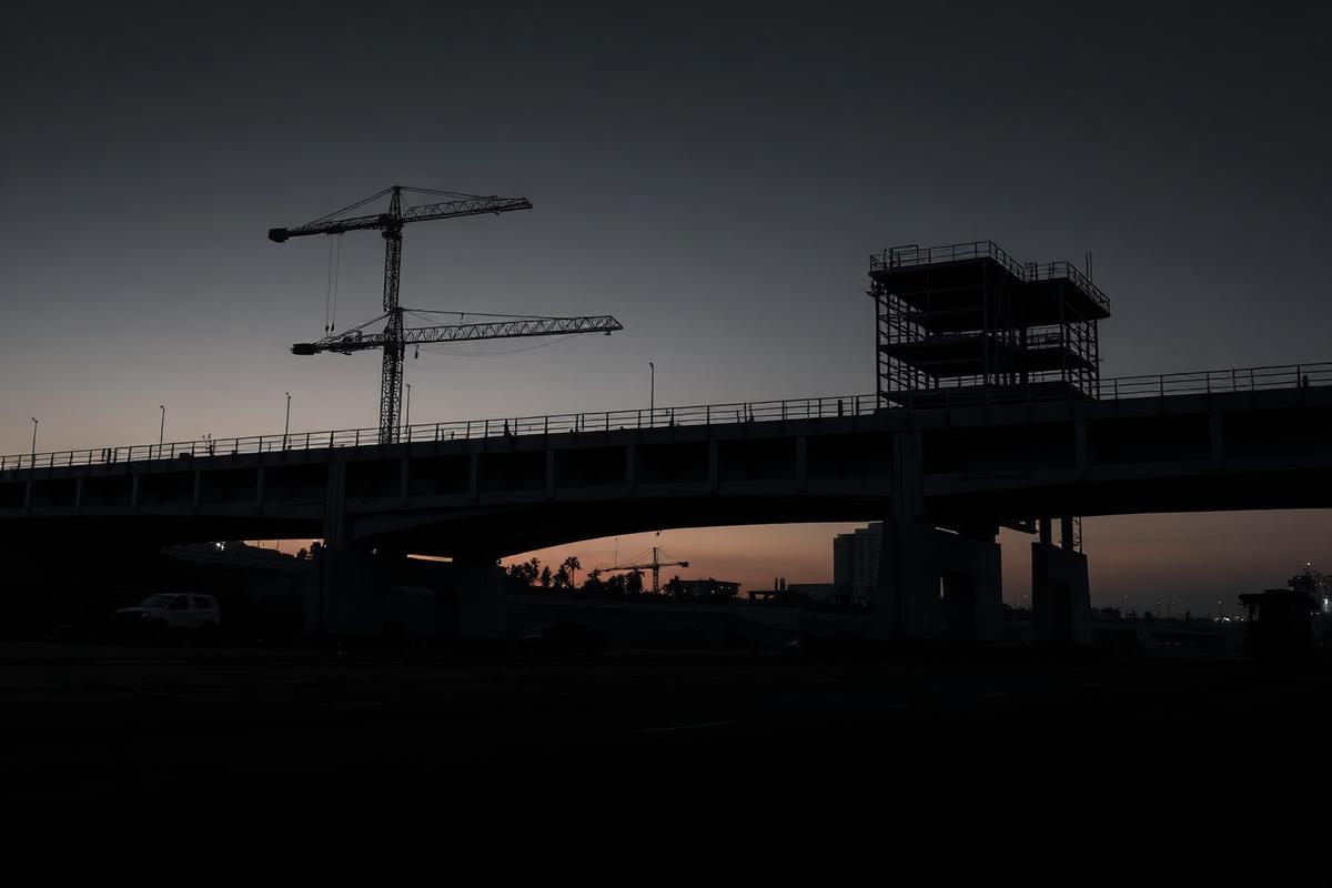 Highway infrastructure structure under construction at dusk