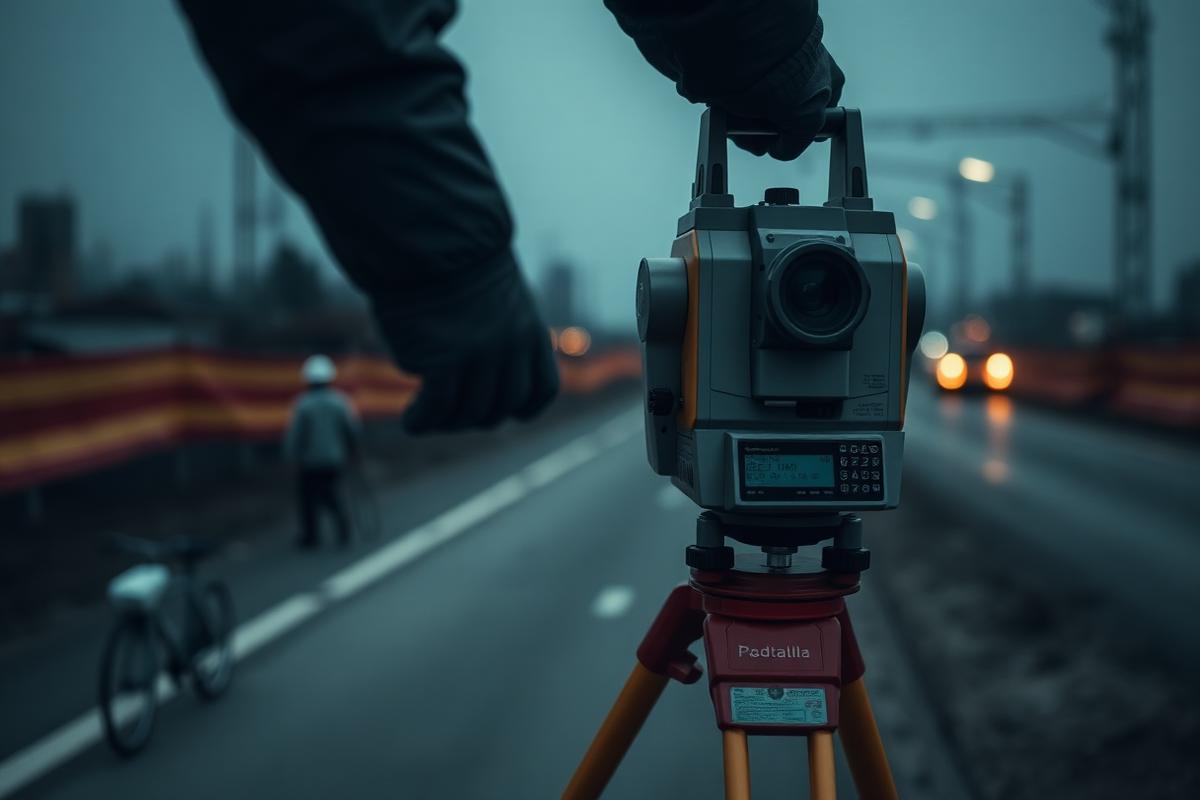Survey total station on a tripod beside a road construction site